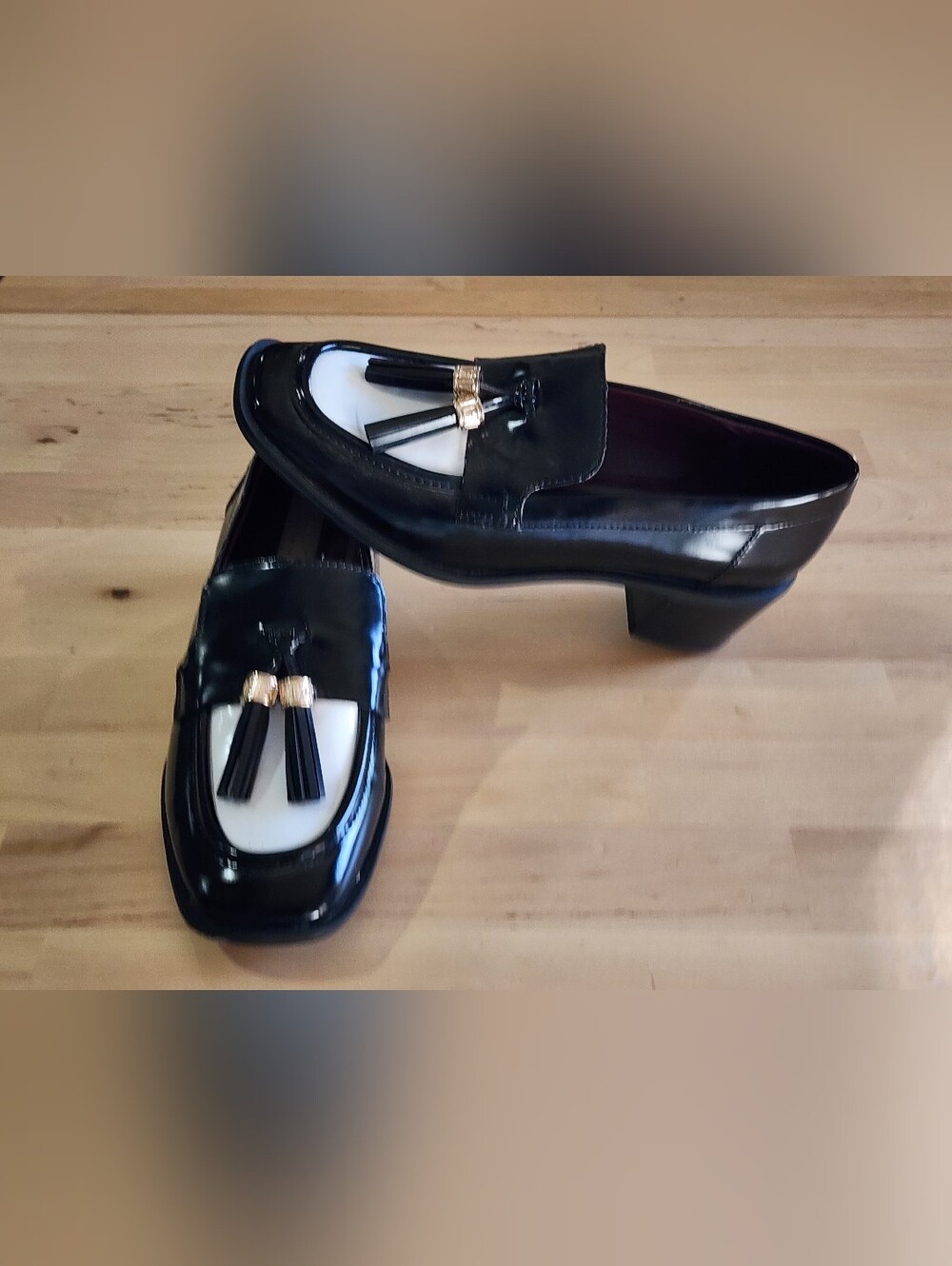 Franco Sarto | Donna Block Heel Tassel Loafers | Black and White | Size 6M